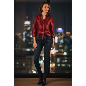 Talbots 3/4 Sleeve Silk Button Down Collar Peplum Blouse Tie Front Burgundy 6